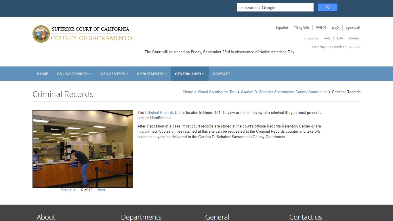 Virtual Tour - Criminal Records: Sacramento Superior Court - California